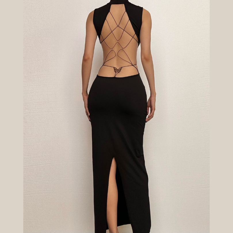 High neck o ring butterfly applique backless slit midi dress