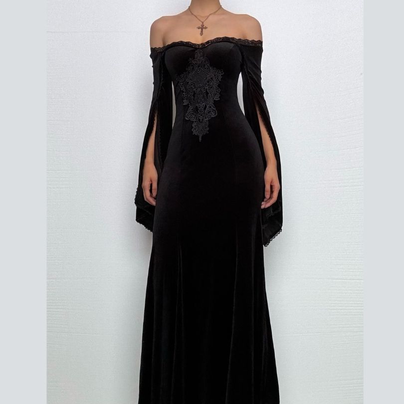 Off shoulder long flared sleeve velvet embroidery maxi dress