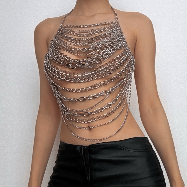 Halter layered metal chain hollow out backless cut out top