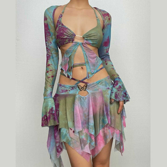 Flared sleeve tie dye o ring self tie halter low cut mini skirt set