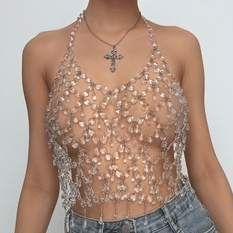 Metal chain plastic crystal halter backless top