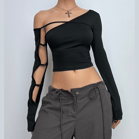 Long sleeve one shoulder button hollow out irregular solid cut out top