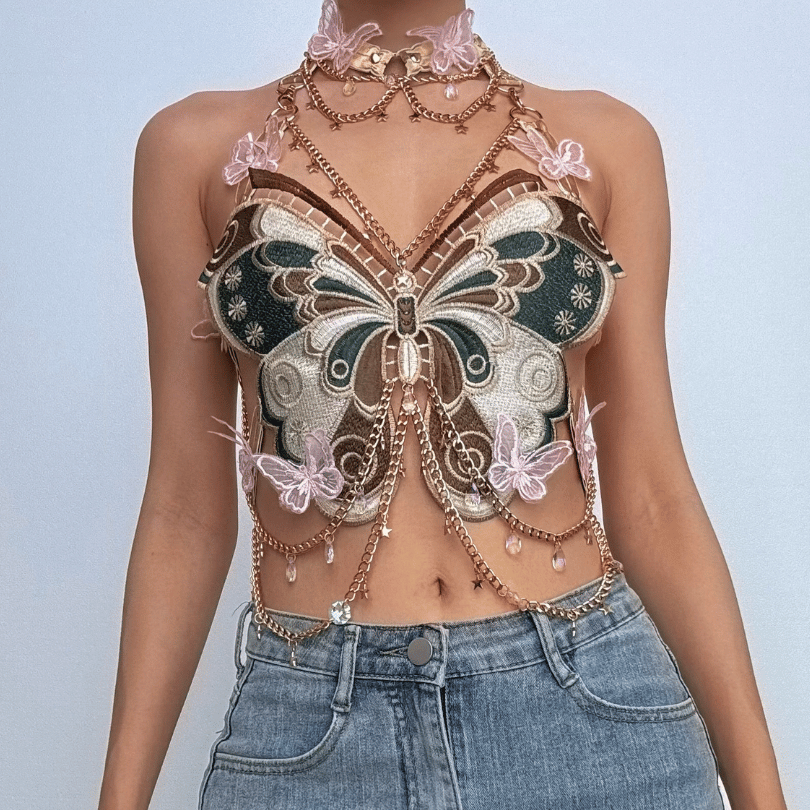 Butterfly embroidery metal chain halter top with choker