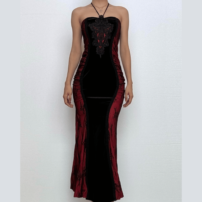 Halter embroidery ruched contrast maxi dress