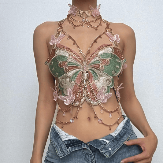 Butterfly embroidery metal chain halter top with choker