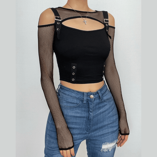 Fishnet patchwork off shoulder buckle long sleeve crop top