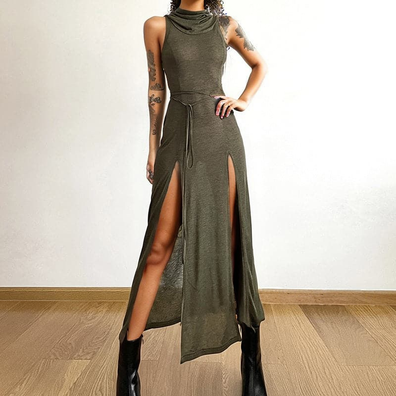 Hoodie sleeveless slit hollow out self tie cowl neck cut out maxi dress