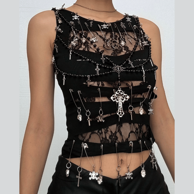 Sleeveless round neck beaded cross lace top