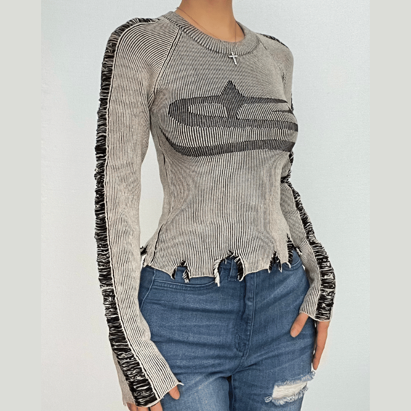 knitted contrast irregular long sleeve crewneck top