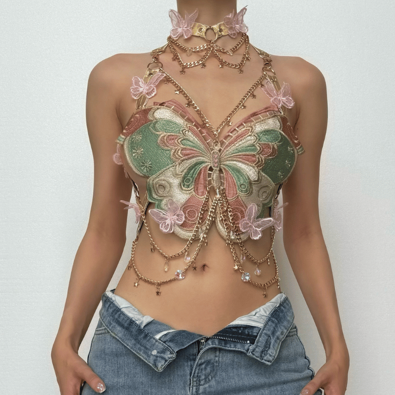 Butterfly embroidery metal chain halter top with choker