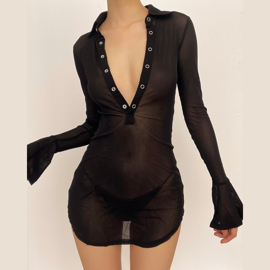 Sheer mesh see through button turnover collar flared sleeve mini dress