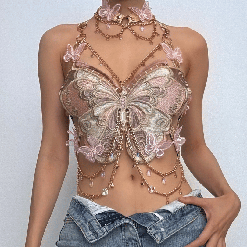 Butterfly embroidery metal chain halter top with choker