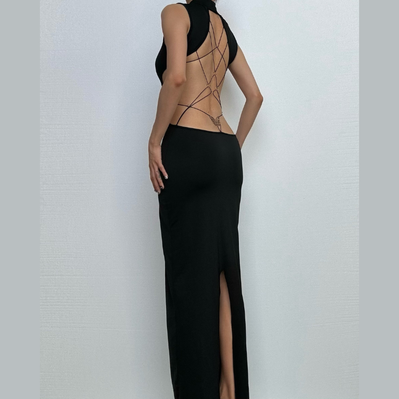 High neck o ring butterfly applique backless slit midi dress