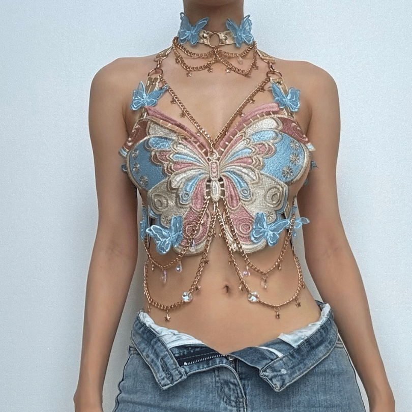 Butterfly embroidery metal chain halter top with choker