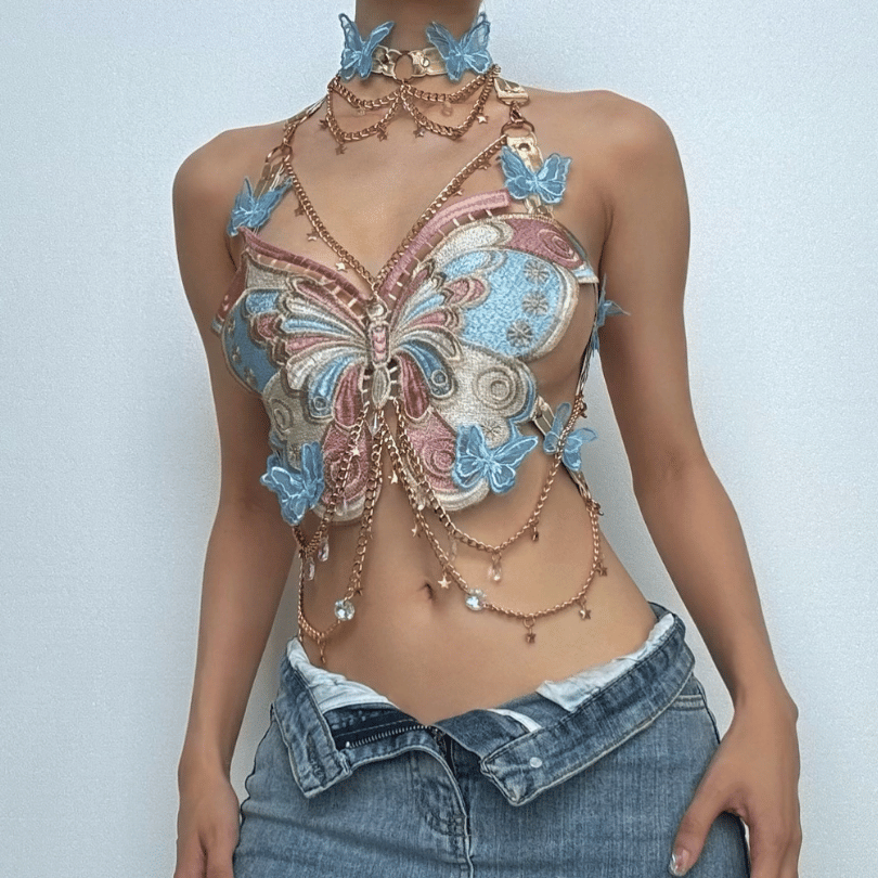 Butterfly embroidery metal chain halter top with choker