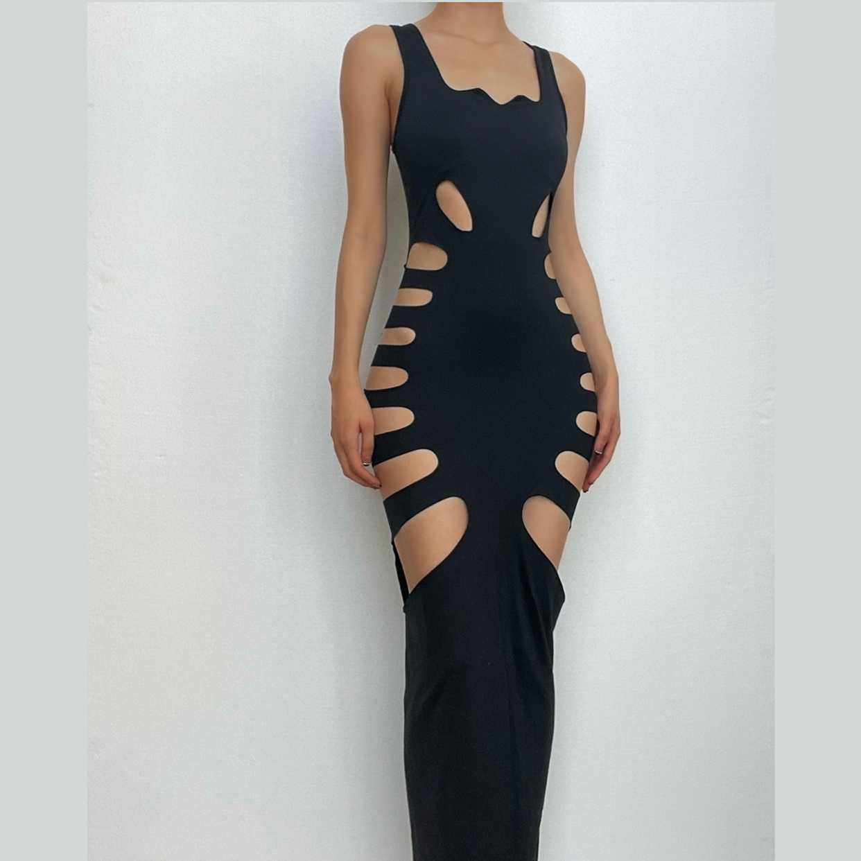 Hollow out solid slit sleeveless low cut cut out maxi dress