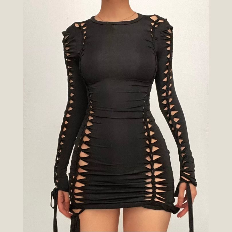 Hollow out self tie long sleeve solid crewneck cut out mini dress