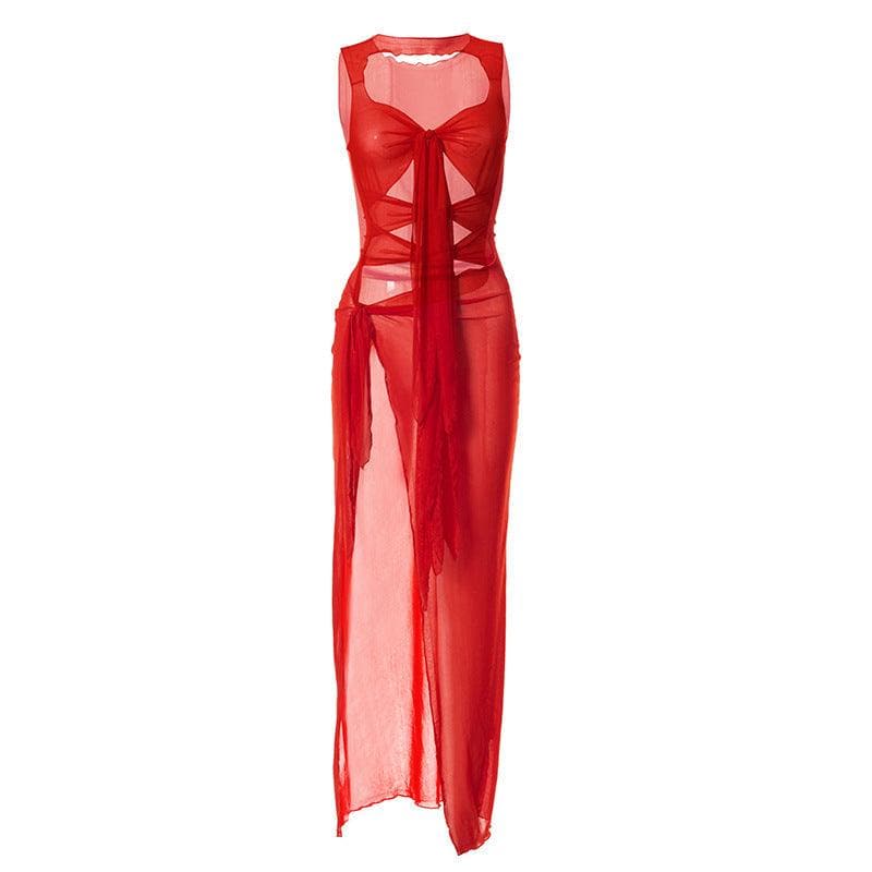 Sheer mesh see through knotted hollow out slit cut out maxi dress