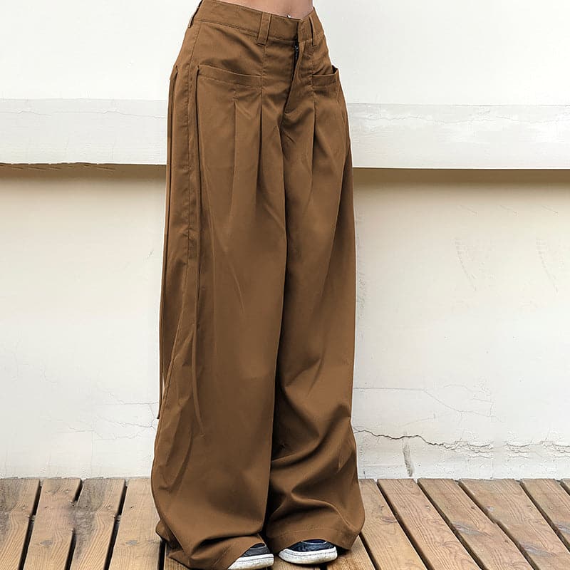 Solid medium rise pleated baggy wide leg pant