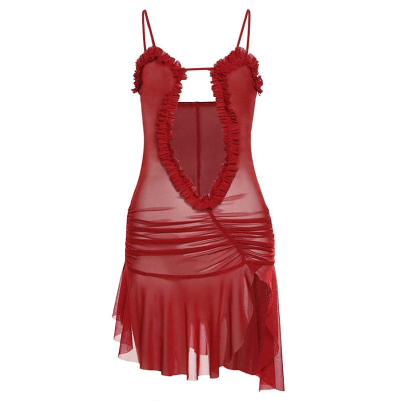 Ruched ruffle slit sheer mesh hollow out cami cut out mini dress