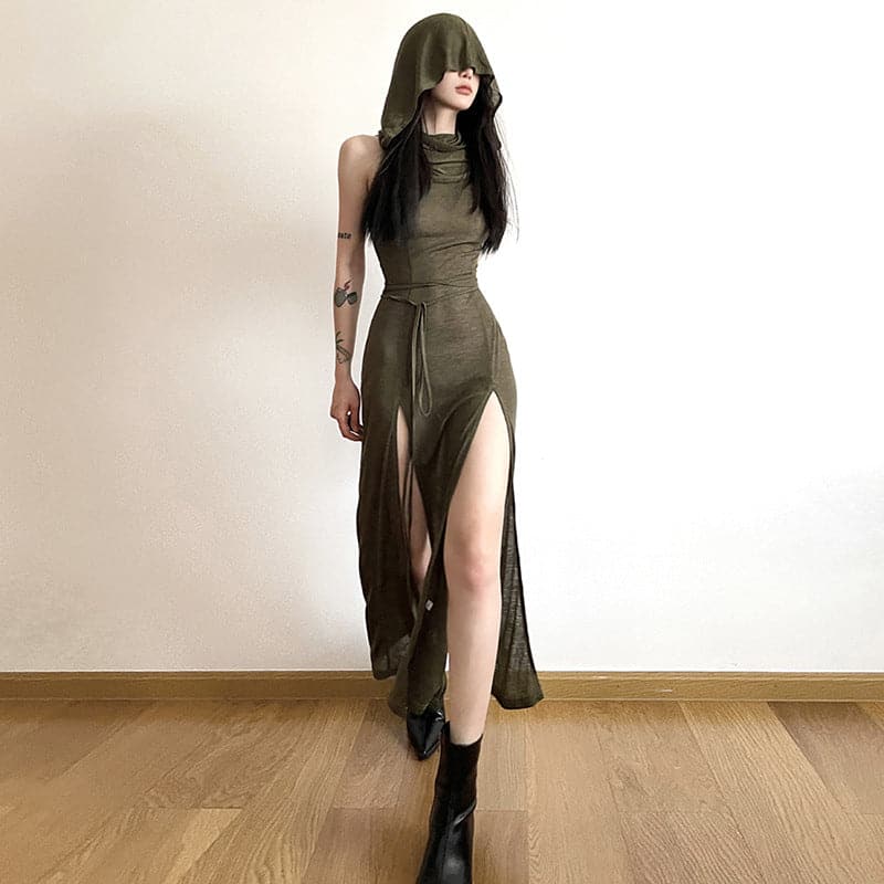 Hoodie sleeveless slit hollow out self tie cowl neck cut out maxi dress