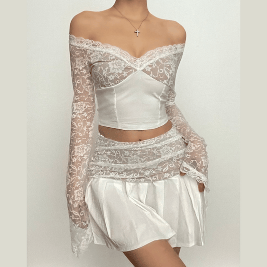 Long flared sleeve lace patchwork pleated ruched zip-up mini skirt set