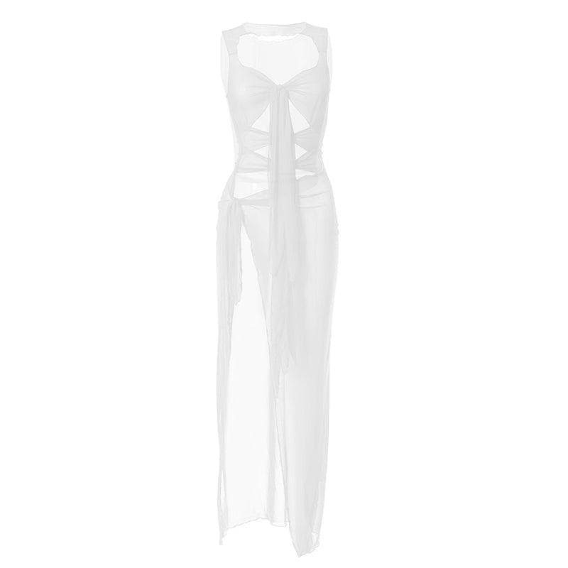 Sheer mesh see through knotted hollow out slit cut out maxi dress