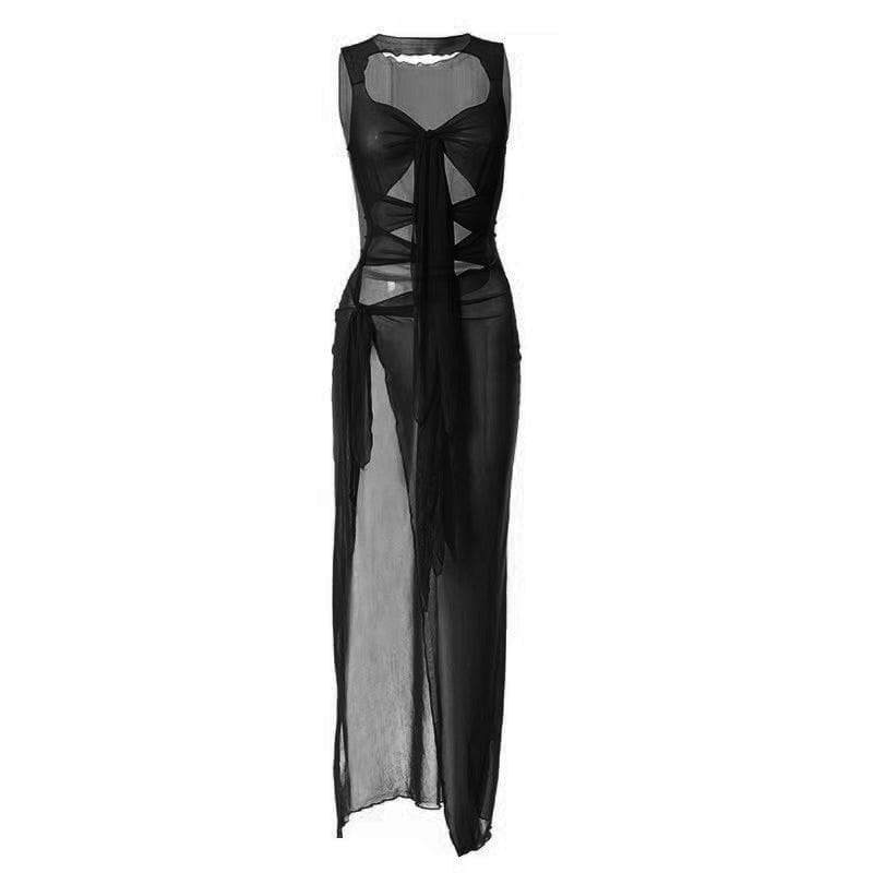 Sheer mesh see through knotted hollow out slit cut out maxi dress