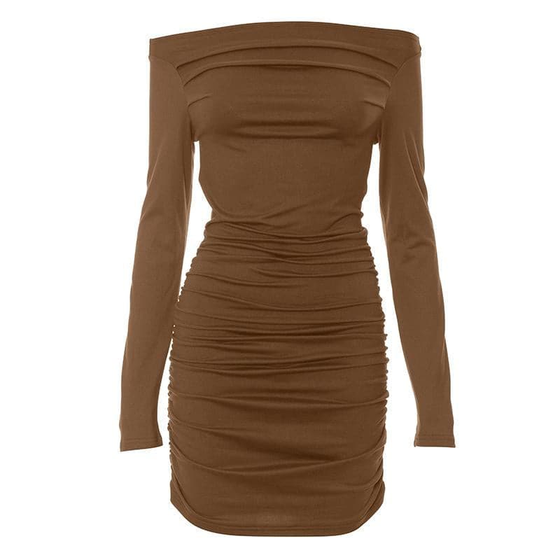 Off shoulder long sleeve ruched backless solid mini dress