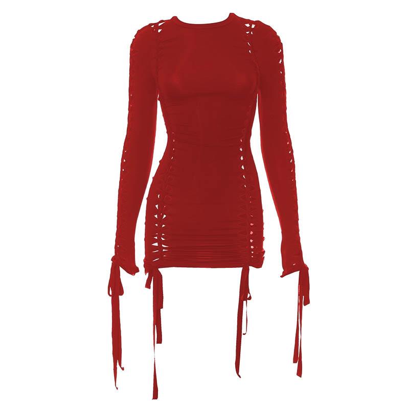 Hollow out self tie long sleeve solid crewneck cut out mini dress