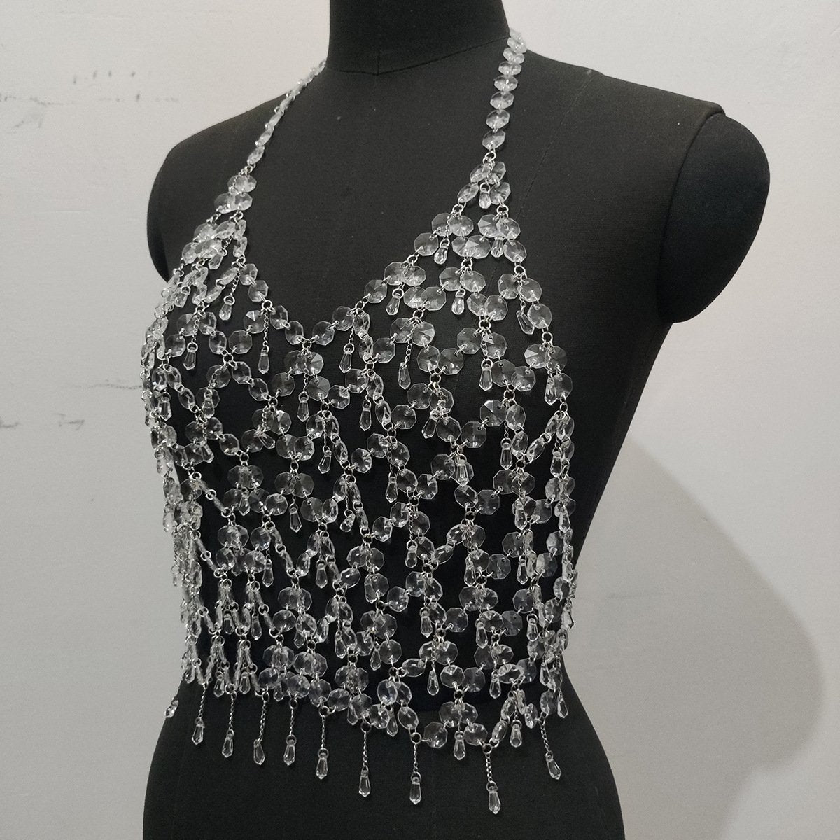 Metal chain plastic crystal halter backless top