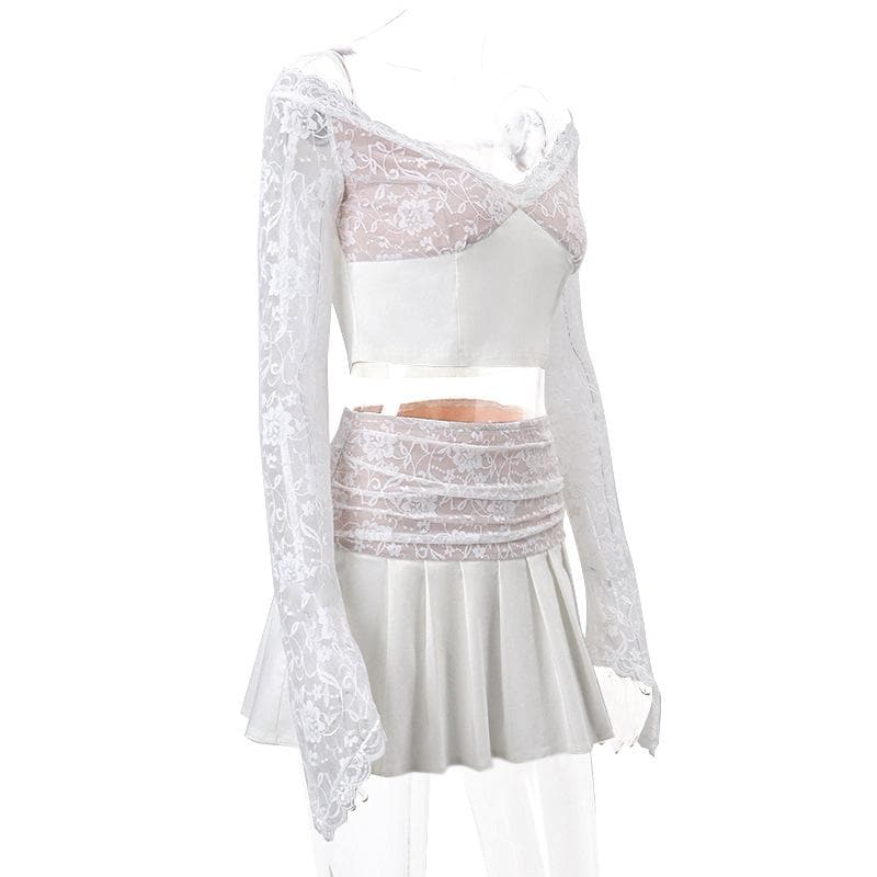 Long flared sleeve lace patchwork pleated ruched zip-up mini skirt set