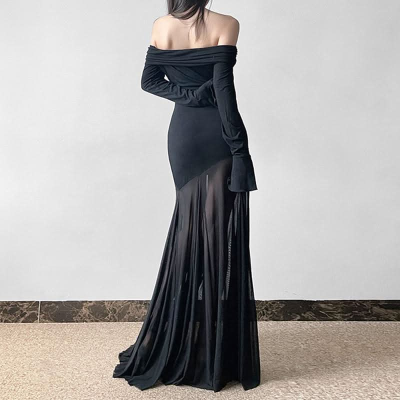 Long sleeve off shoulder mesh patchwork ruched maxi dress