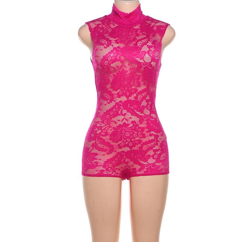 High neck lace see through solid romper