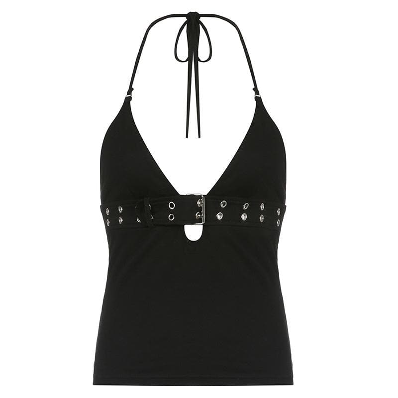 V neck low cut metal buckle backless halter top