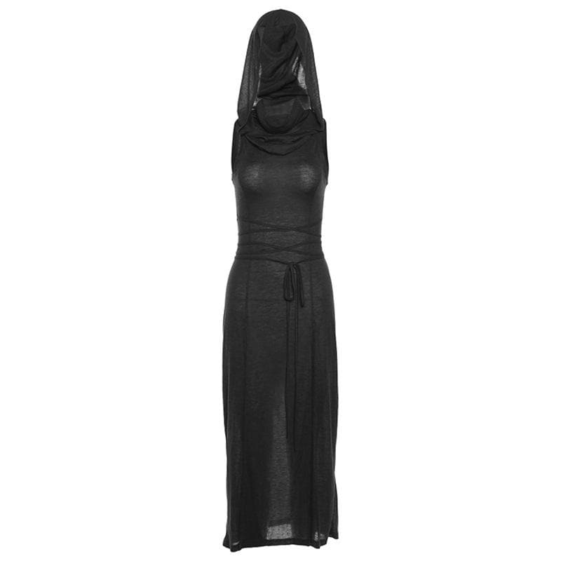 Hoodie sleeveless slit hollow out self tie cowl neck cut out maxi dress