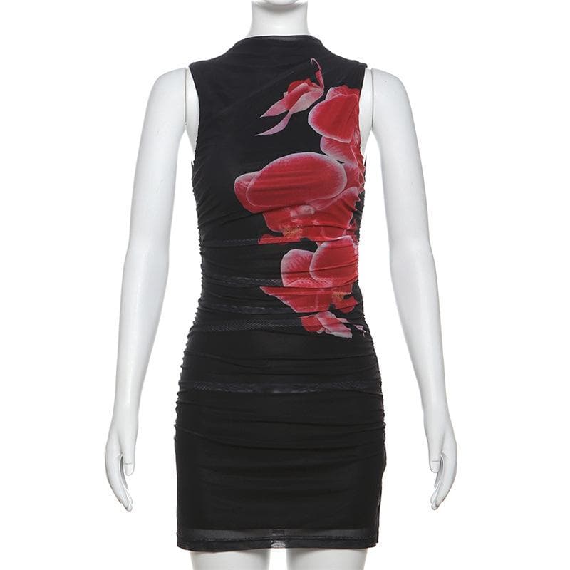 Sleeveless ruched mesh print mini dress