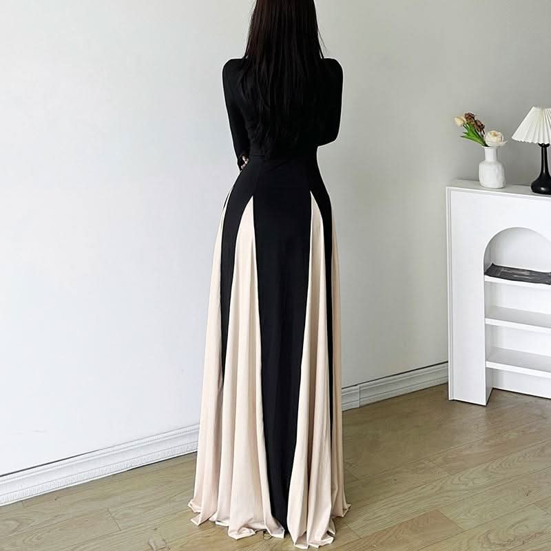 Long sleeve v neck contrast patchwork maxi dress