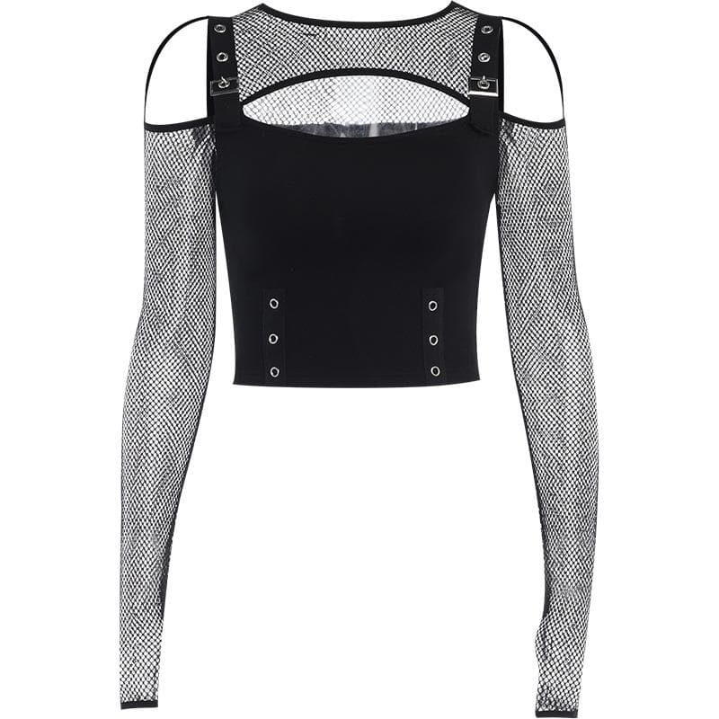 Fishnet patchwork off shoulder buckle long sleeve crop top