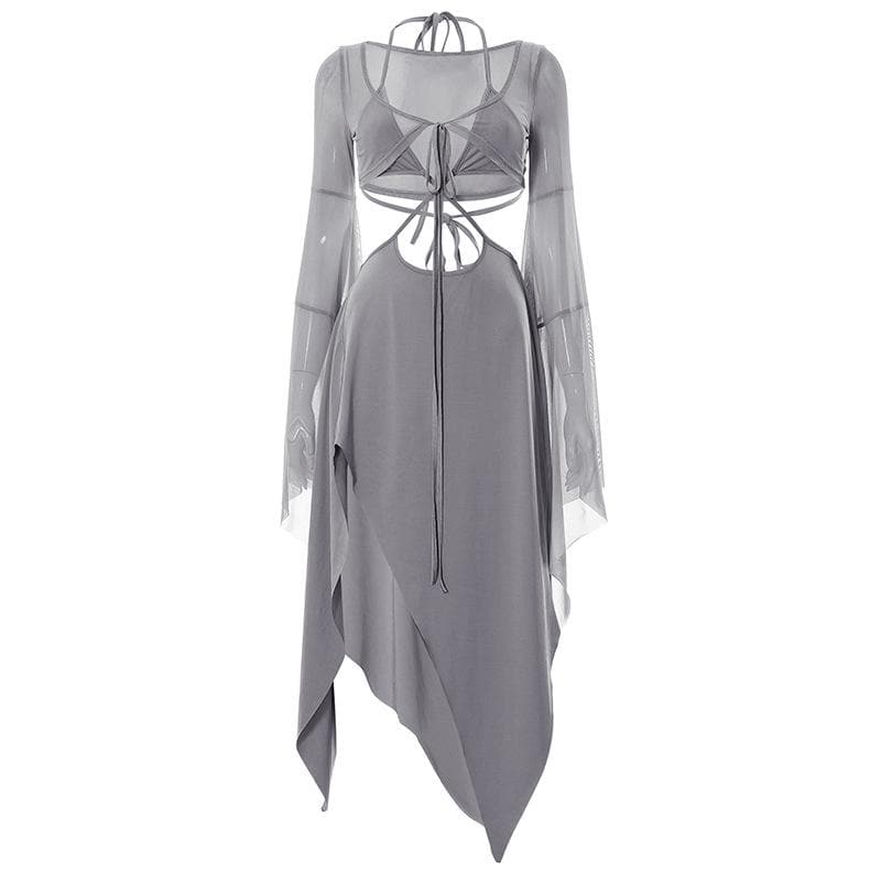 Irregular flared sleeve halter self tie solid mesh shrug midi dress