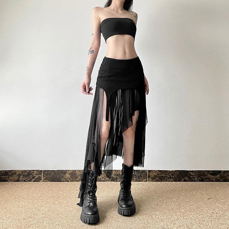 Mesh patchwork irregular midi skirt