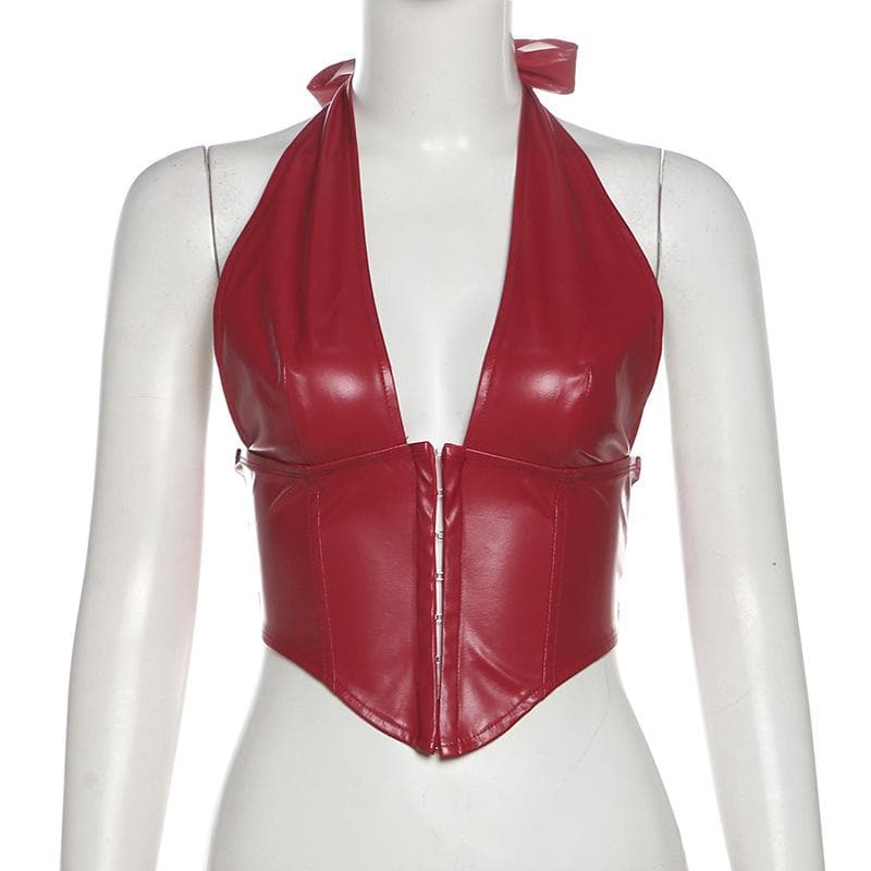 Halter PU leather V neck corset button top