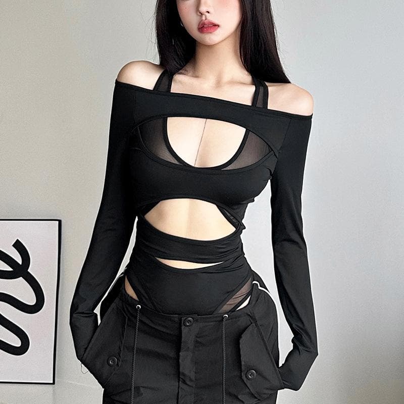 Hollow out solid long sleeve off shoulder mesh bodysuit