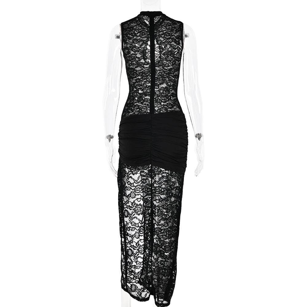 Lace ruched see through hollow out high slit cut out maxi dress