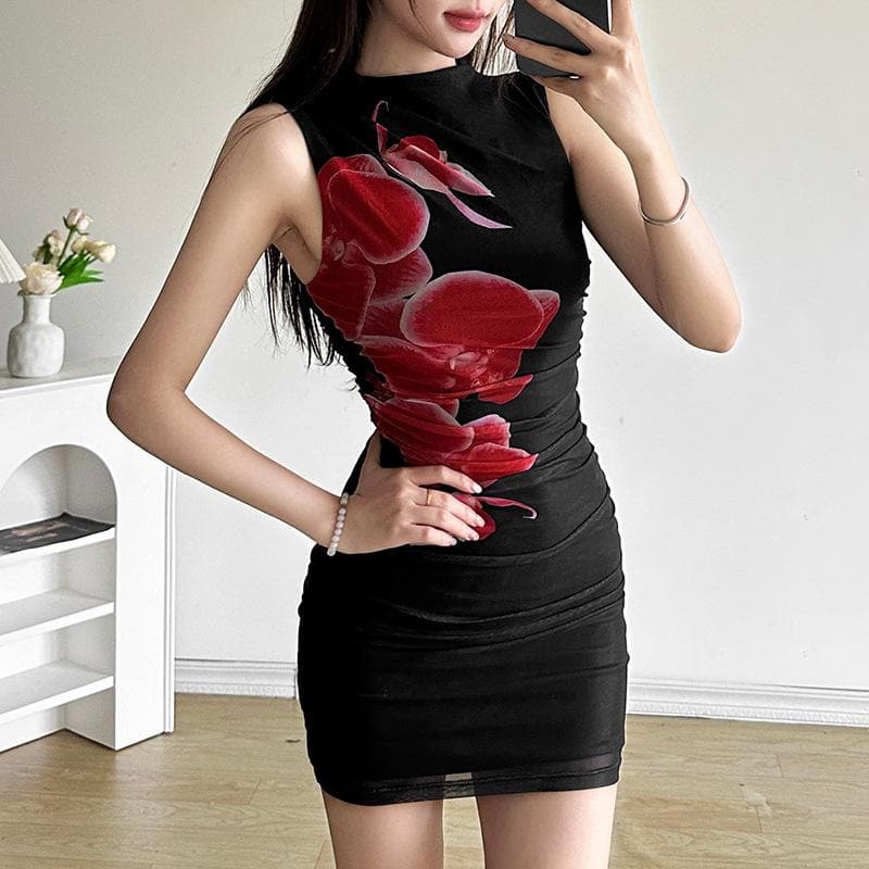 Sleeveless ruched mesh print mini dress