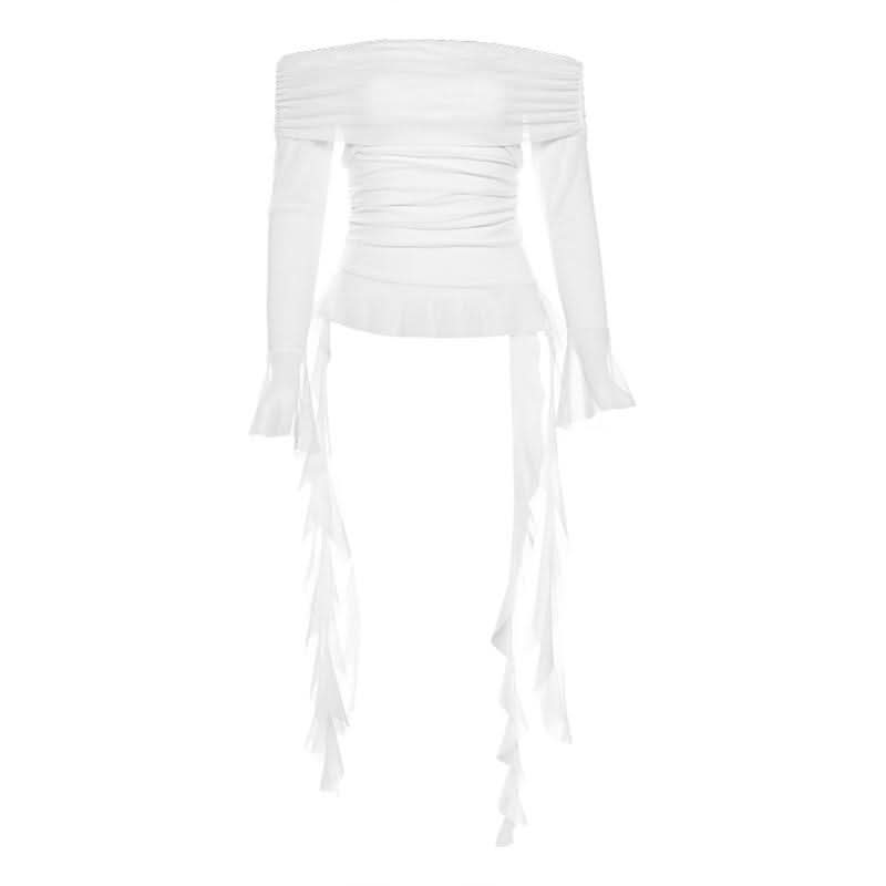 Long flared sleeve off shoulder mesh ruffle solid top