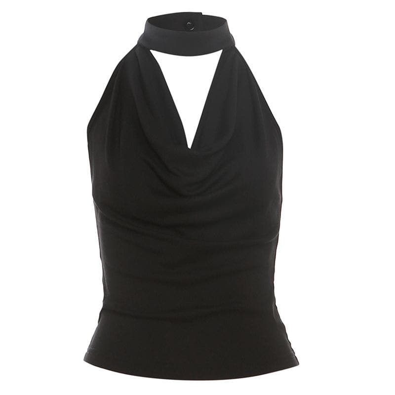 Cowl neck halter solid backless button sleeveless top