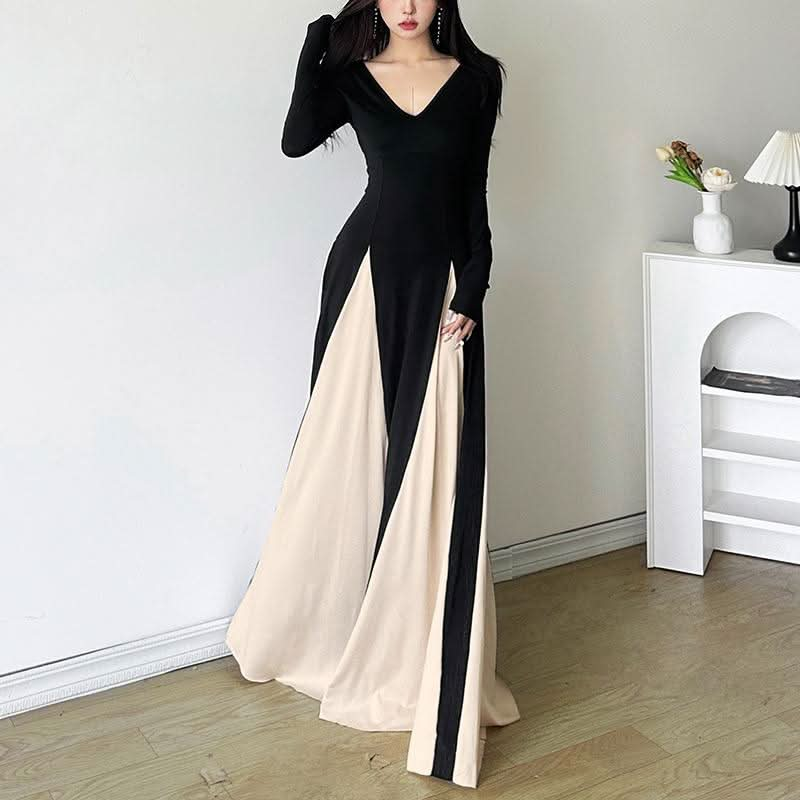 Long sleeve v neck contrast patchwork maxi dress