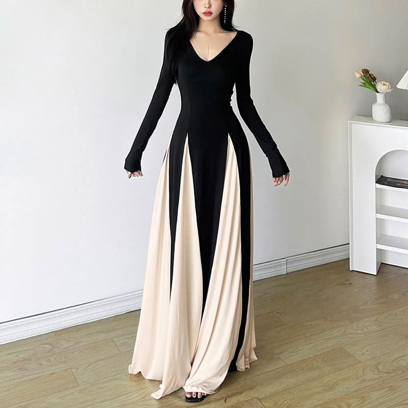 Long sleeve v neck contrast patchwork maxi dress