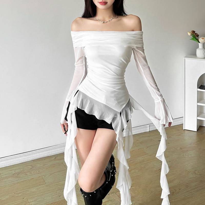 Long flared sleeve off shoulder mesh ruffle solid top